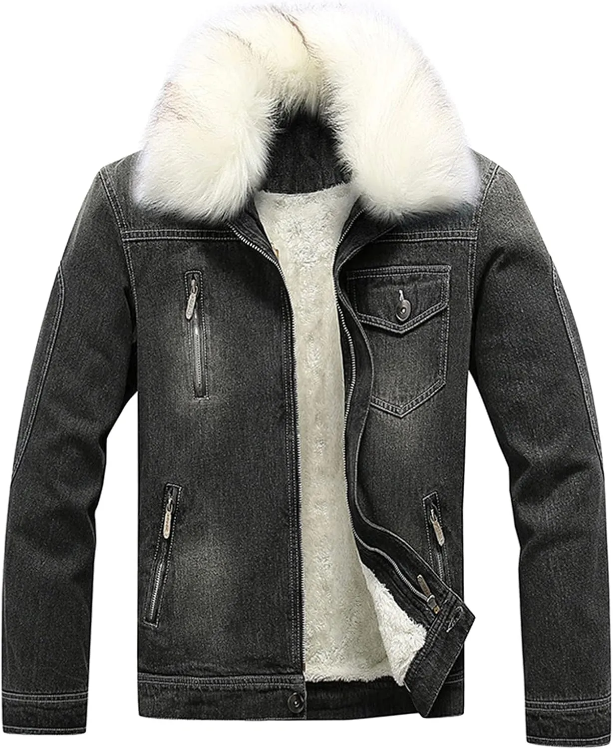 Men's Fur Collar Denim Jacket Male Sherpa Lined Distressed Denim Trucker Jacket Men Winter Warm Faux Fur Jean Coat