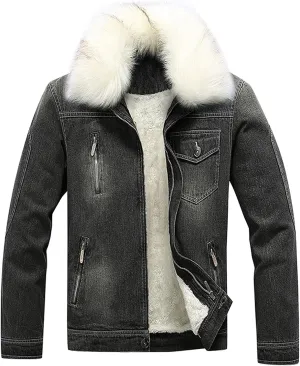 Men's Fur Collar Denim Jacket Male Sherpa Lined Distressed Denim Trucker Jacket Men Winter Warm Faux Fur Jean Coat