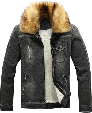 Men's Fur Collar Denim Jacket Male Sherpa Lined Distressed Denim Trucker Jacket Men Winter Warm Faux Fur Jean Coat