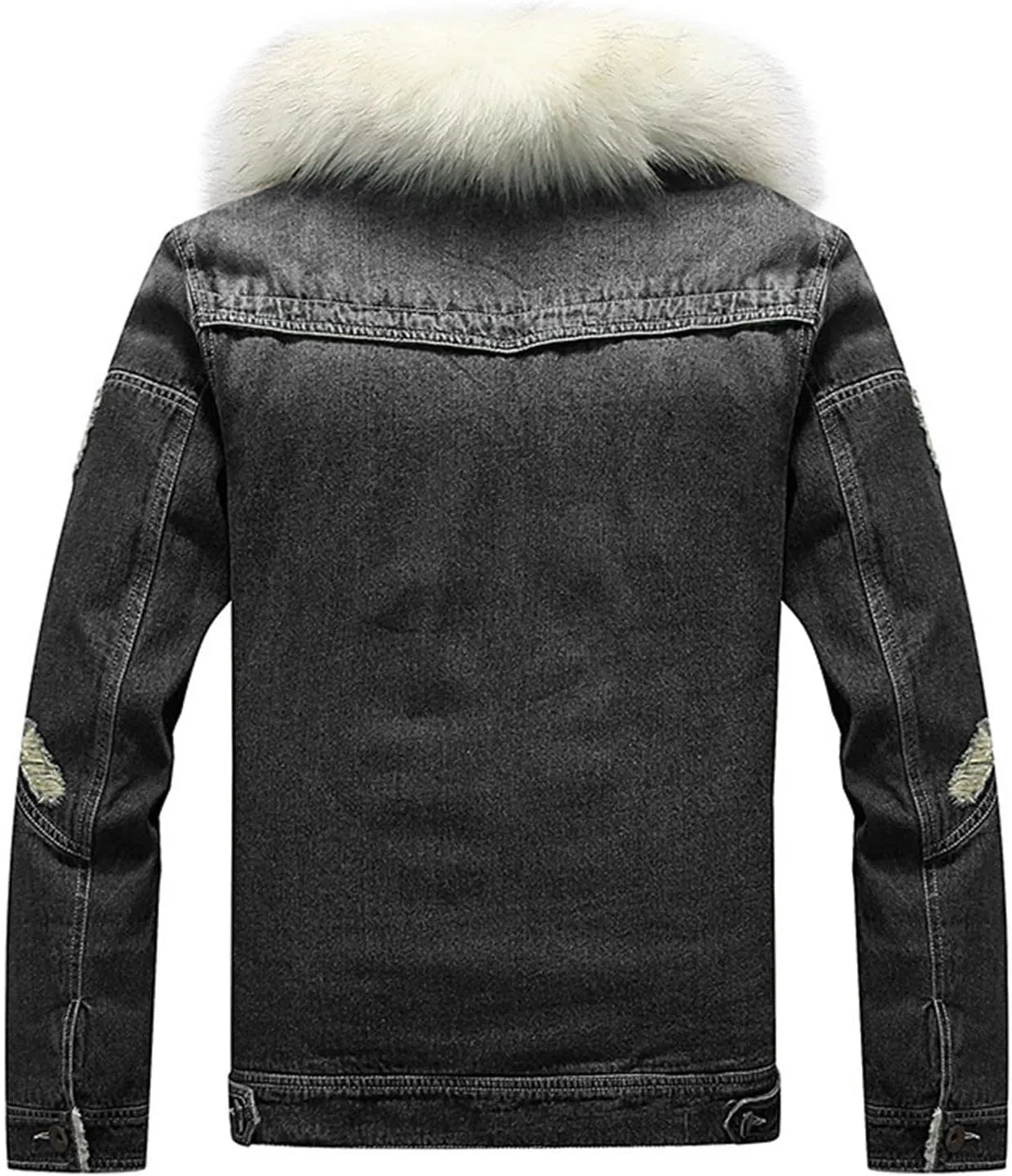 Men's Fur Collar Denim Jacket Male Sherpa Lined Distressed Denim Trucker Jacket Men Winter Warm Faux Fur Jean Coat