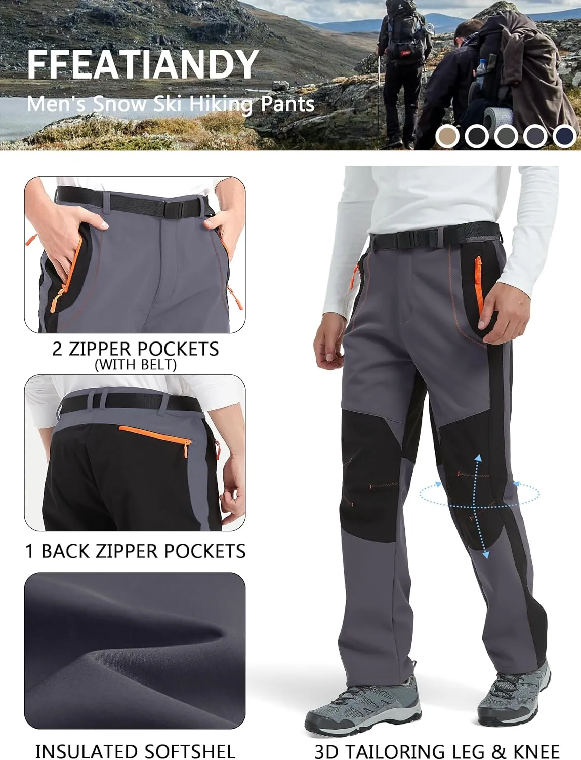 Men's Hiking Snow Ski Pants Softshell Fleece Lined Winter Water Repellent Outdoor Fishing Cargo Pants