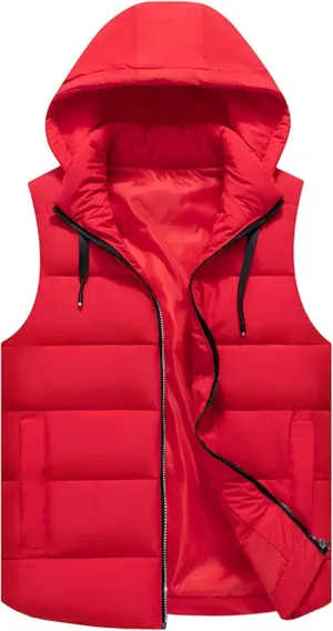 Men's Hooded Cotton Padded Vest Winter Warm Lightweight Quilted Coat Vest Casual Zip Up Thick Sleeveless Jacket