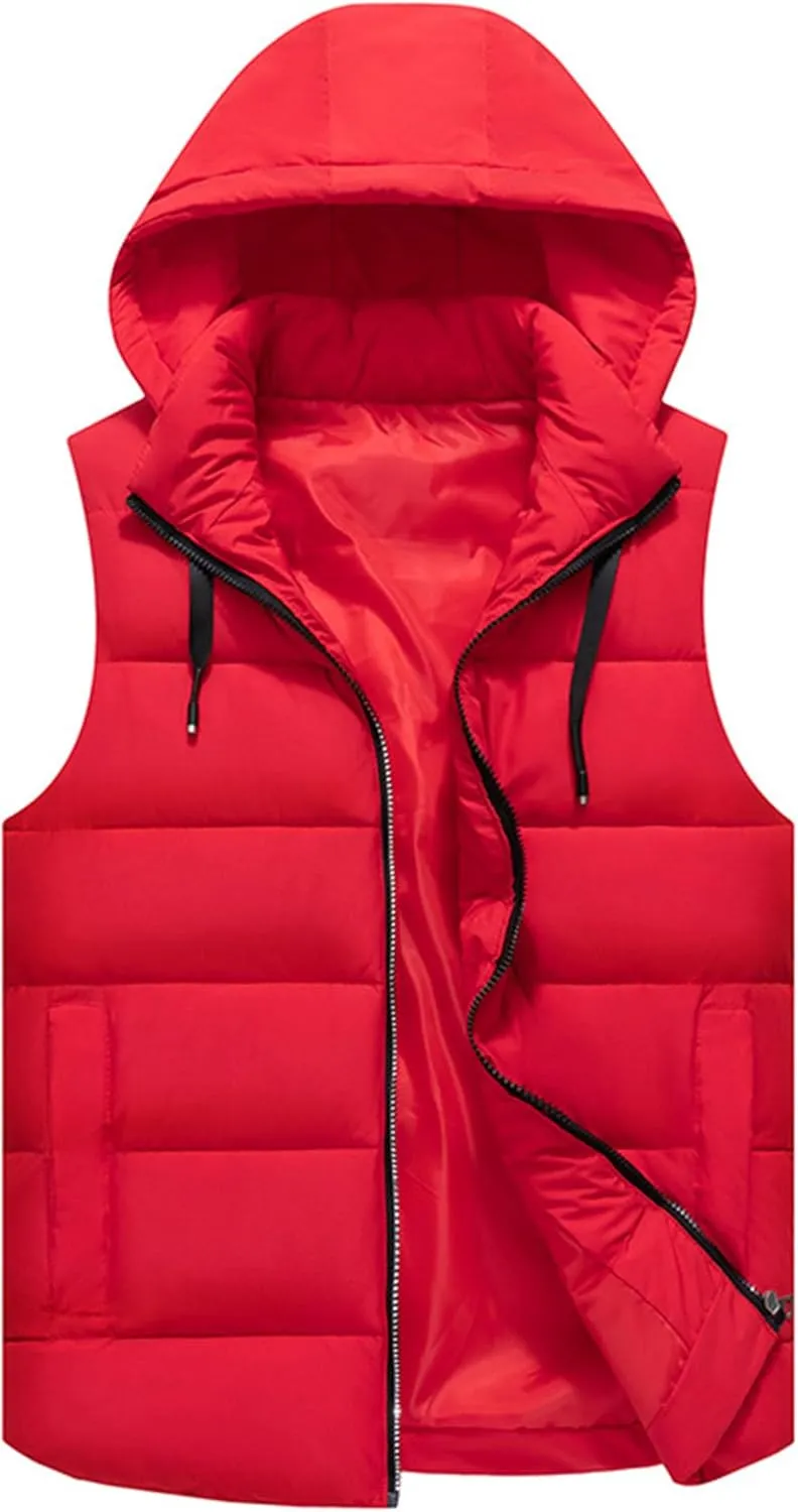 Men's Hooded Cotton Padded Vest Winter Warm Lightweight Quilted Coat Vest Casual Zip Up Thick Sleeveless Jacket