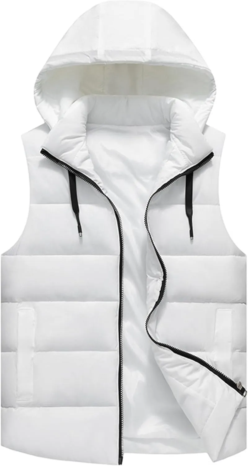 Men's Hooded Cotton Padded Vest Winter Warm Lightweight Quilted Coat Vest Casual Zip Up Thick Sleeveless Jacket