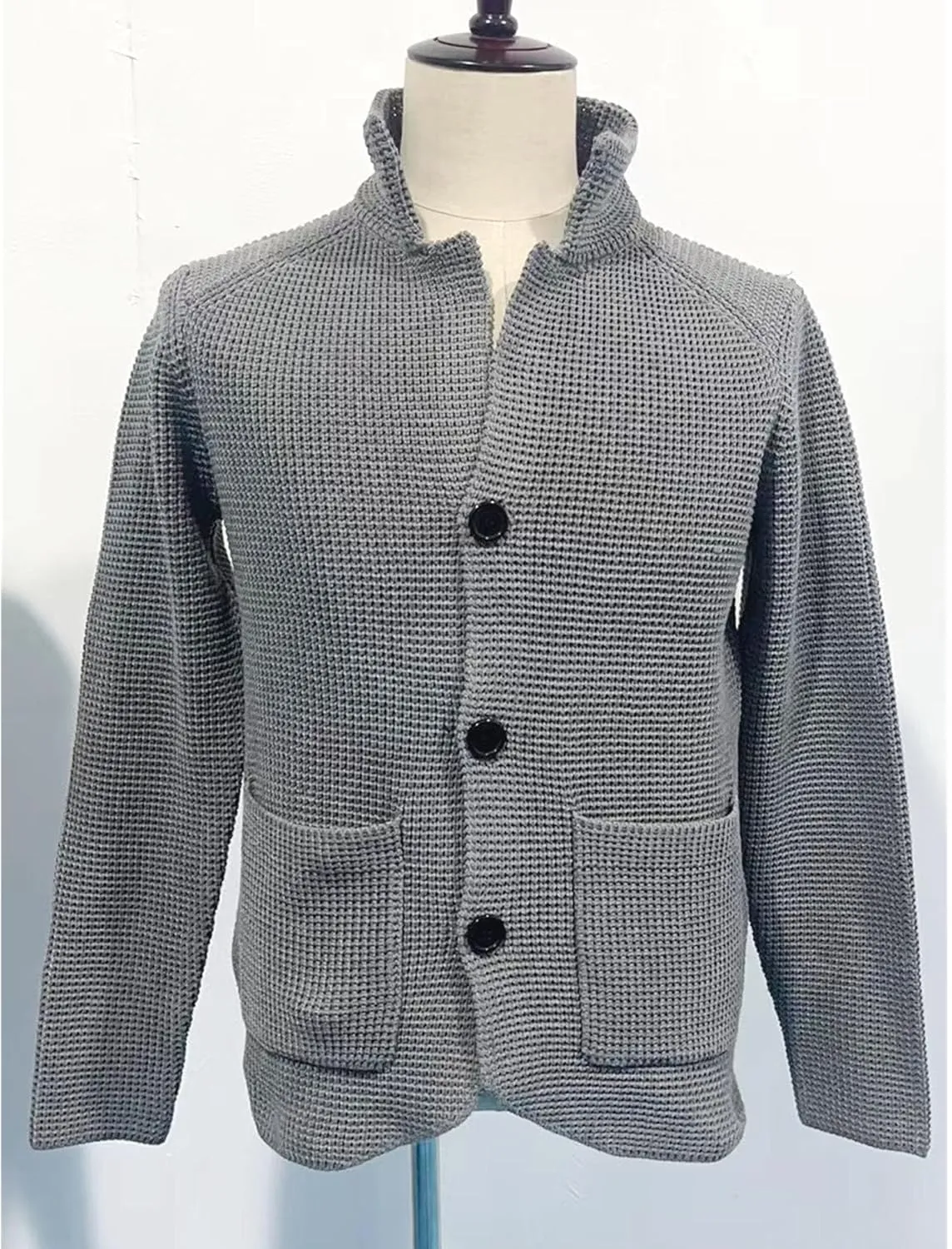 Men's Knitted Jacket Casual Button Up Slim Fit Cardigan Warm Cable Sweater Blazer with Pockets