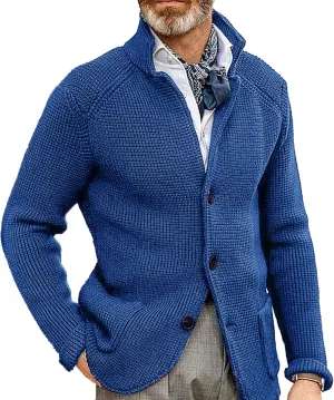 Men's Knitted Jacket Casual Button Up Slim Fit Cardigan Warm Cable Sweater Blazer with Pockets