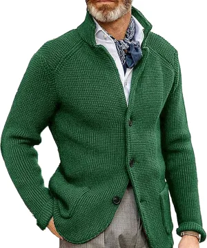 Men's Knitted Jacket Casual Button Up Slim Fit Cardigan Warm Cable Sweater Blazer with Pockets