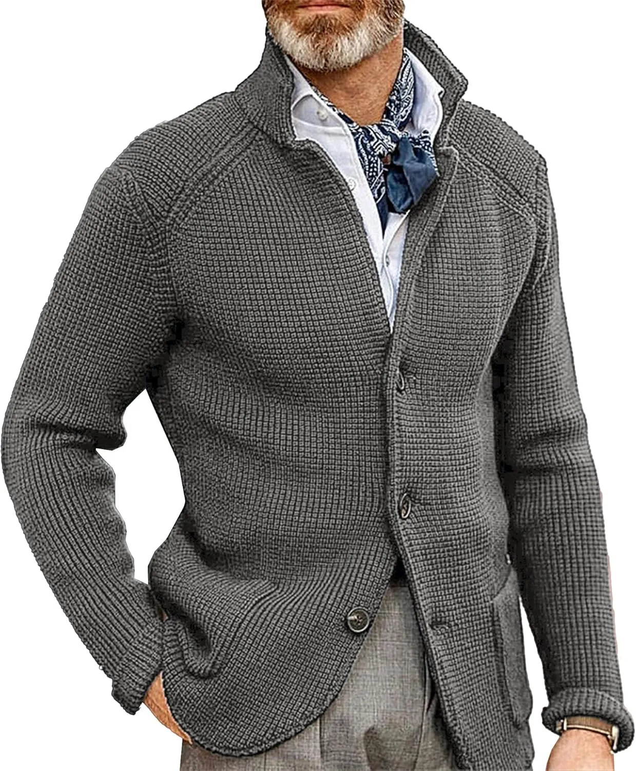 Men's Knitted Jacket Casual Button Up Slim Fit Cardigan Warm Cable Sweater Blazer with Pockets