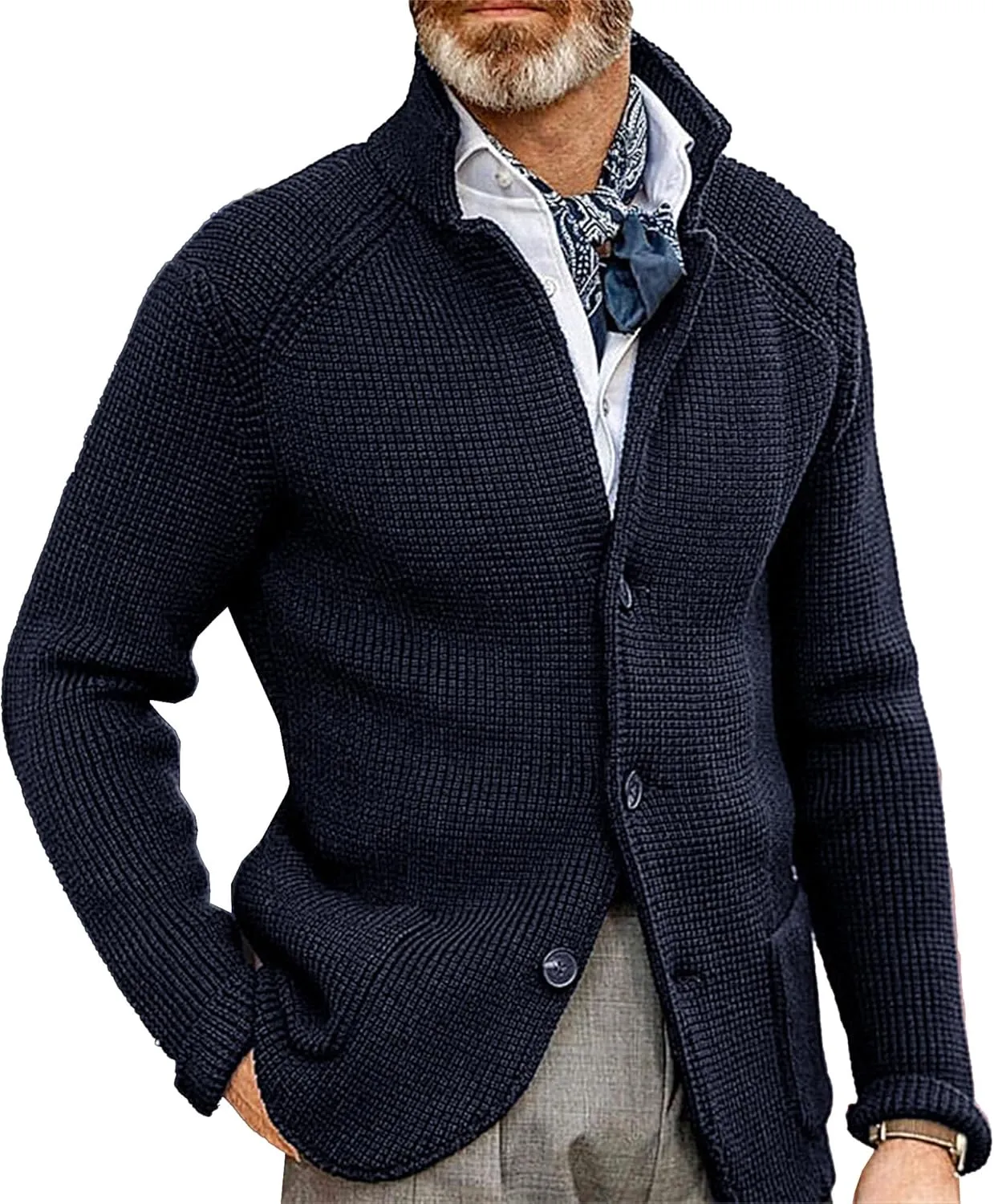 Men's Knitted Jacket Casual Button Up Slim Fit Cardigan Warm Cable Sweater Blazer with Pockets