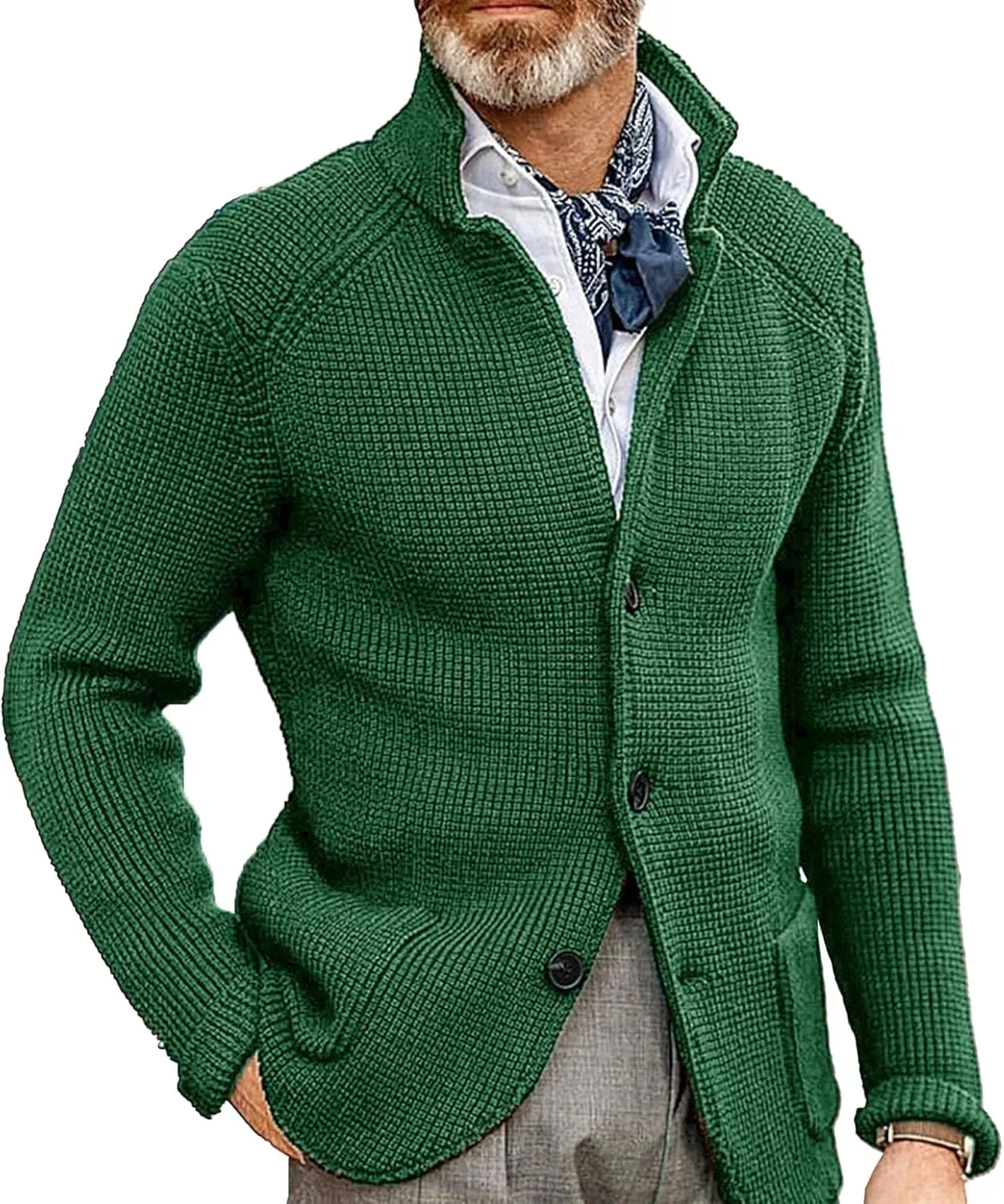 Men's Knitted Jacket Casual Button Up Slim Fit Cardigan Warm Cable Sweater Blazer with Pockets