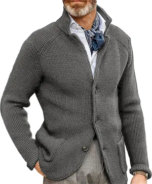 Men's Knitted Jacket Casual Button Up Slim Fit Cardigan Warm Cable Sweater Blazer with Pockets