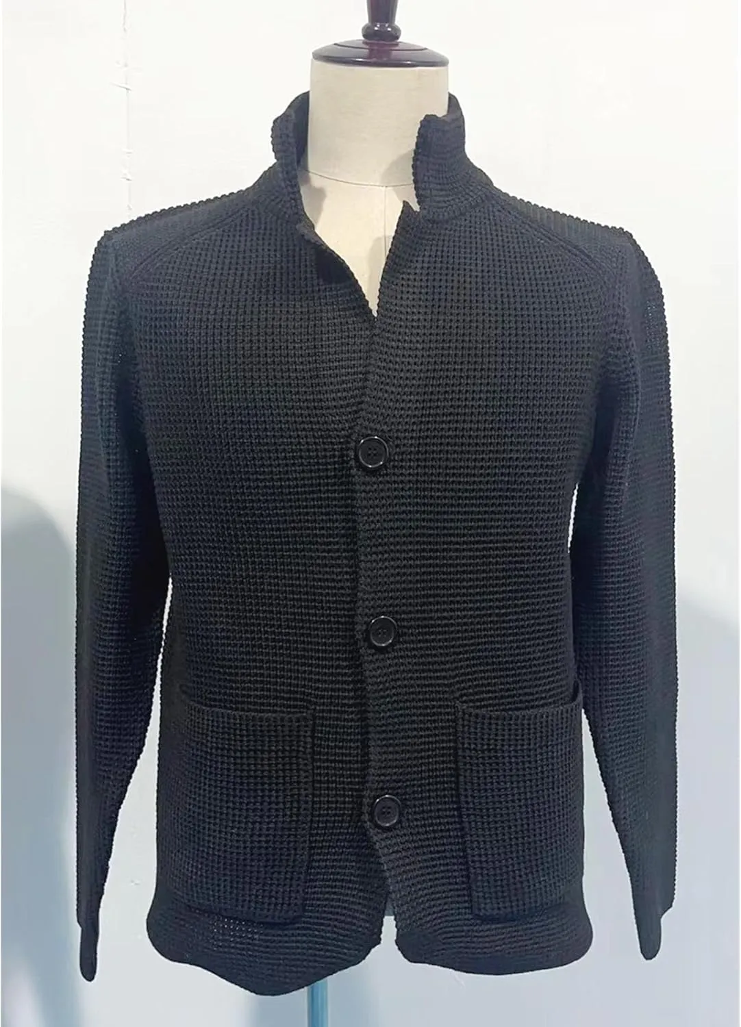 Men's Knitted Jacket Casual Button Up Slim Fit Cardigan Warm Cable Sweater Blazer with Pockets