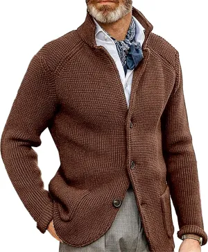 Men's Knitted Jacket Casual Button Up Slim Fit Cardigan Warm Cable Sweater Blazer with Pockets