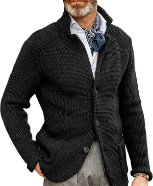 Men's Knitted Jacket Casual Button Up Slim Fit Cardigan Warm Cable Sweater Blazer with Pockets