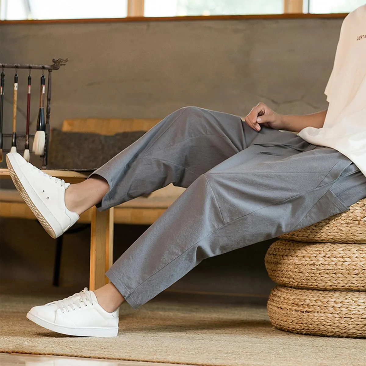Men's Linen Harem Pants Drawstring Elastic Waist Casual Loose Fit Beach Pants with Pockets
