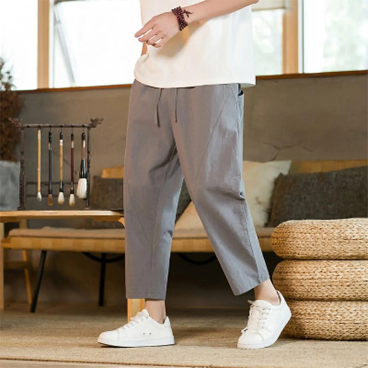 Men's Linen Harem Pants Drawstring Elastic Waist Casual Loose Fit Beach Pants with Pockets