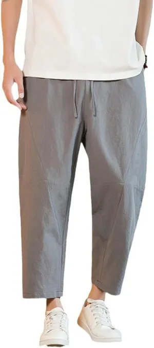 Men's Linen Harem Pants Drawstring Elastic Waist Casual Loose Fit Beach Pants with Pockets