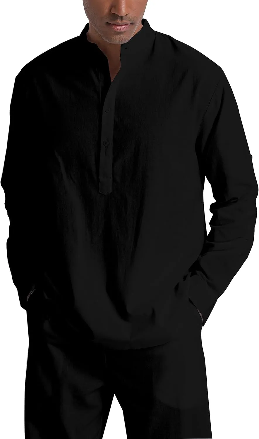 Men's Linen Sets Henley Shirts 2 Piece Vacation Outfits Beach Clothes Casual Suit Long Sleeve Shirt Yoga Pants Summer