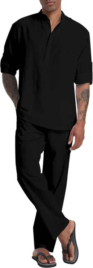 Men's Linen Sets Henley Shirts 2 Piece Vacation Outfits Beach Clothes Casual Suit Long Sleeve Shirt Yoga Pants Summer
