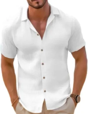 Men's Linen Short Sleeved T-Shirt Loose Sportswear Solid Color Cotton Linen Shirt Beach Short Sleeved Shirt