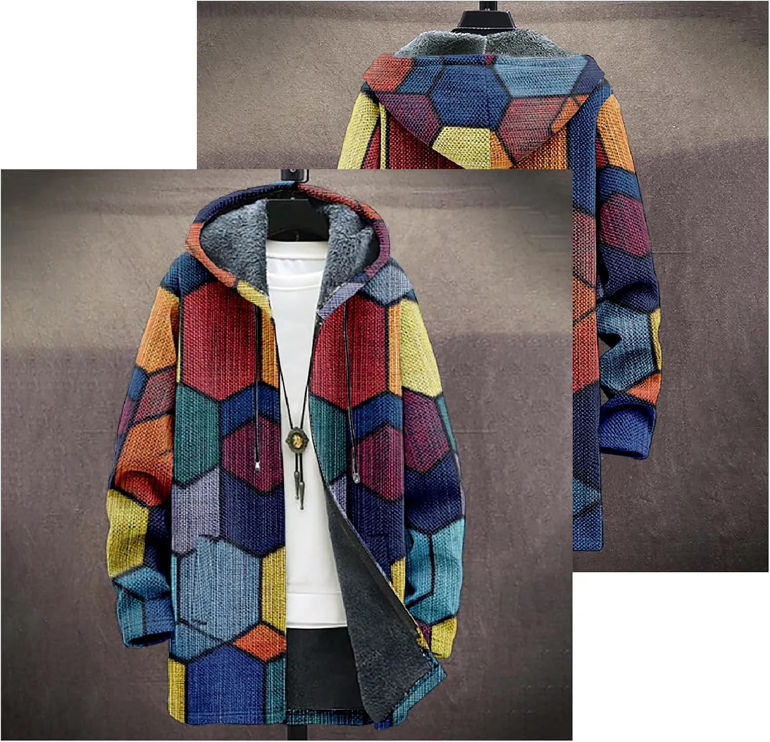Mens Long Cardigan Hoodies Color Block Hooded Jacket Horse Print Open front Sweater Hoodie with Pockets Coat
