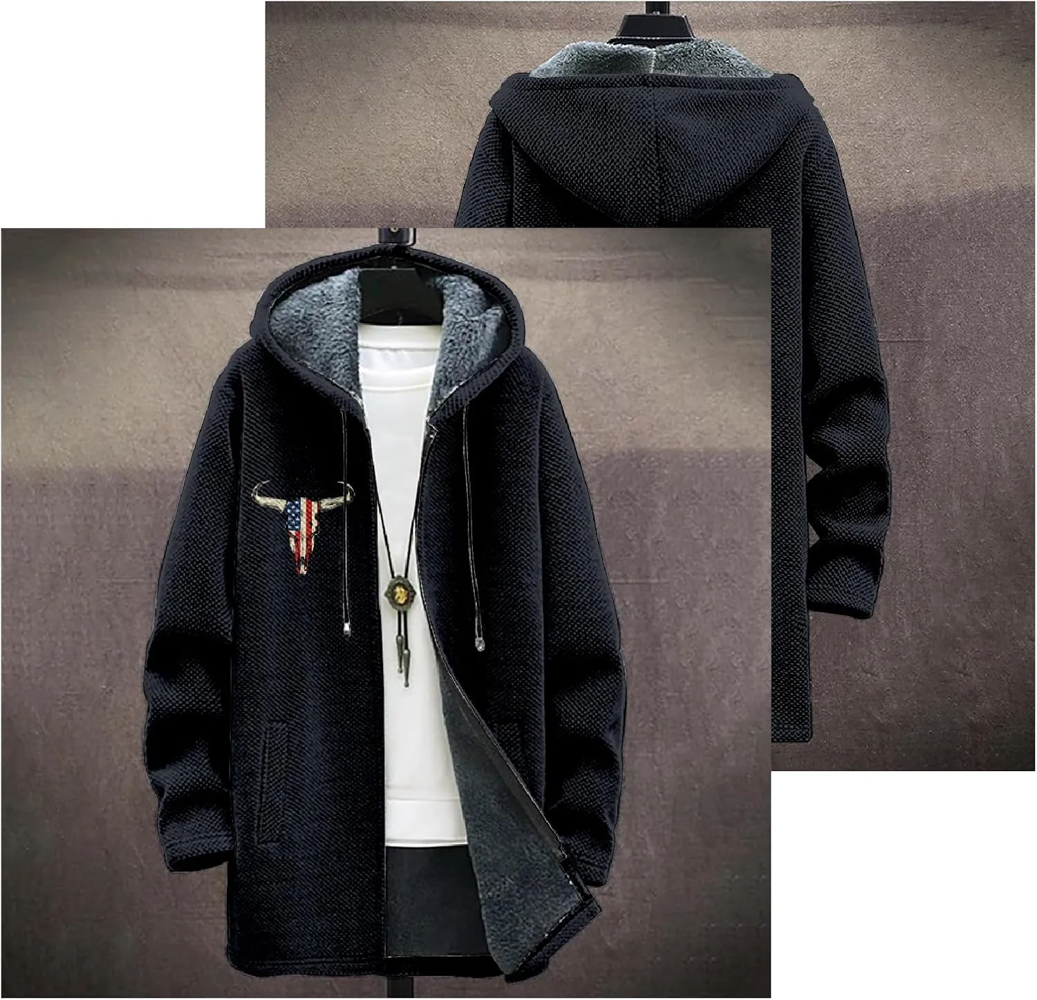 Mens Long Cardigan Hoodies Color Block Hooded Jacket Horse Print Open front Sweater Hoodie with Pockets Coat