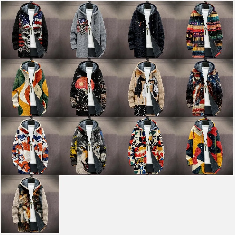 Mens Long Cardigan Hoodies Color Block Hooded Jacket Horse Print Open front Sweater Hoodie with Pockets Coat