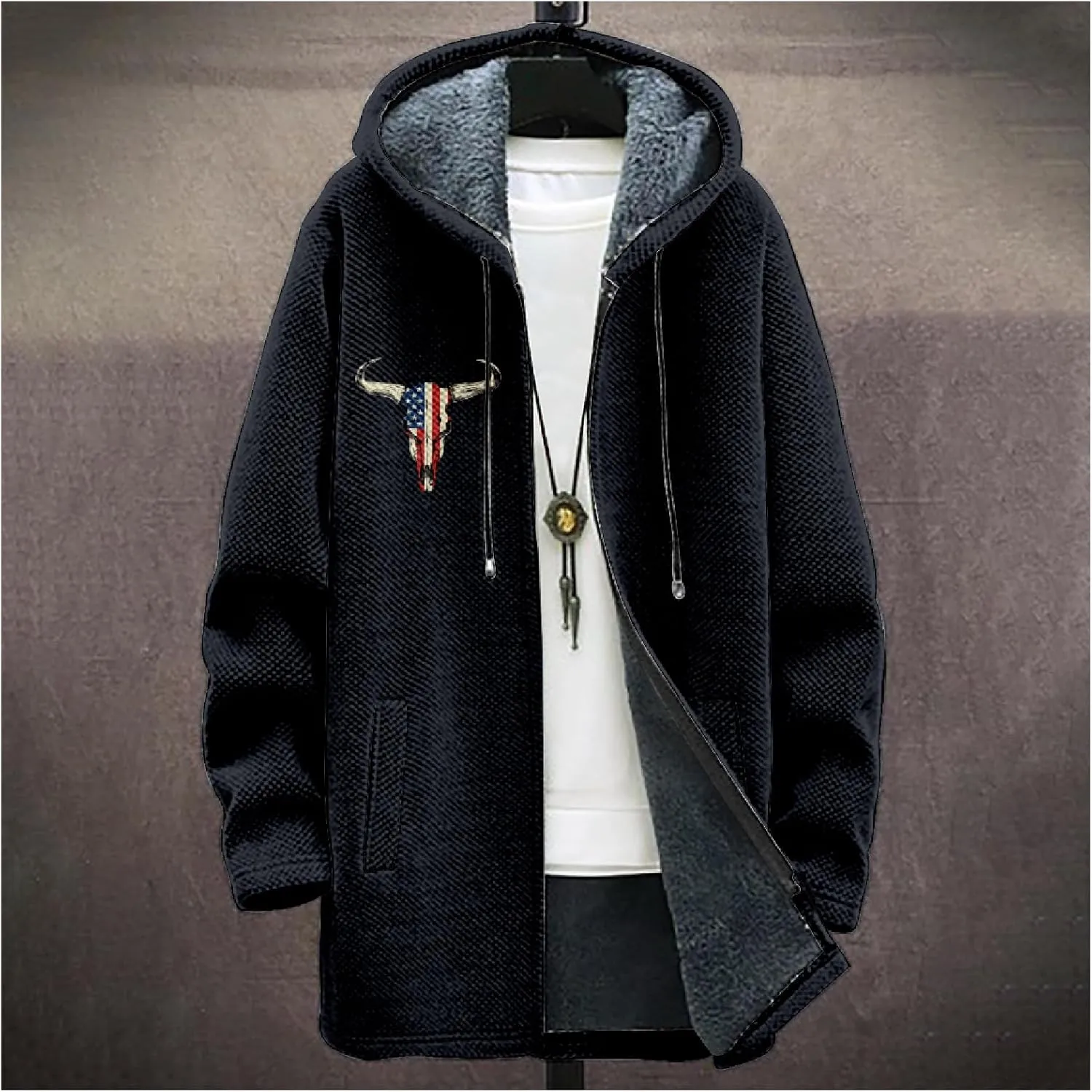 Mens Long Cardigan Hoodies Color Block Hooded Jacket Horse Print Open front Sweater Hoodie with Pockets Coat