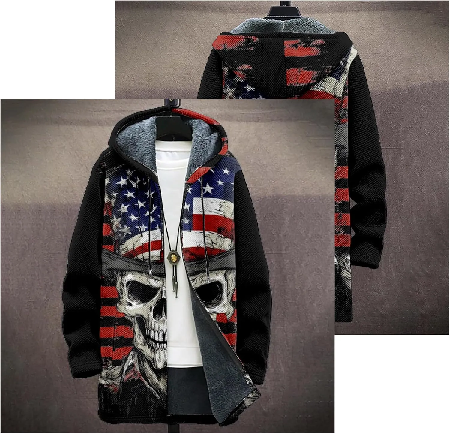 Mens Long Cardigan Hoodies Color Block Hooded Jacket Horse Print Open front Sweater Hoodie with Pockets Coat