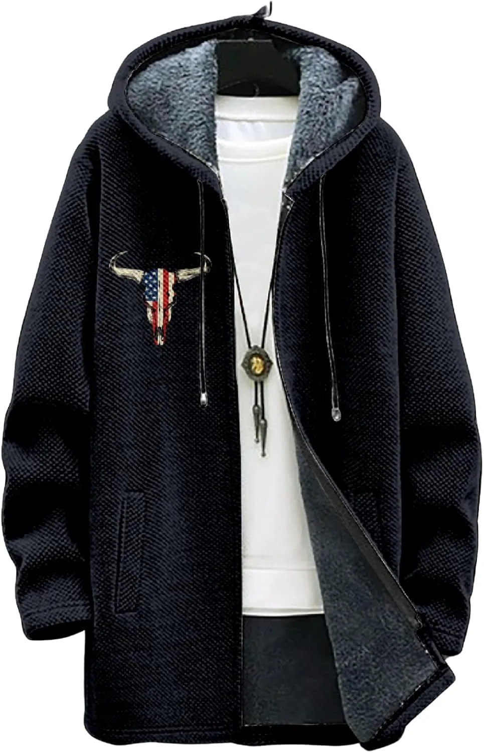 Mens Long Cardigan Hoodies Color Block Hooded Jacket Horse Print Open front Sweater Hoodie with Pockets Coat
