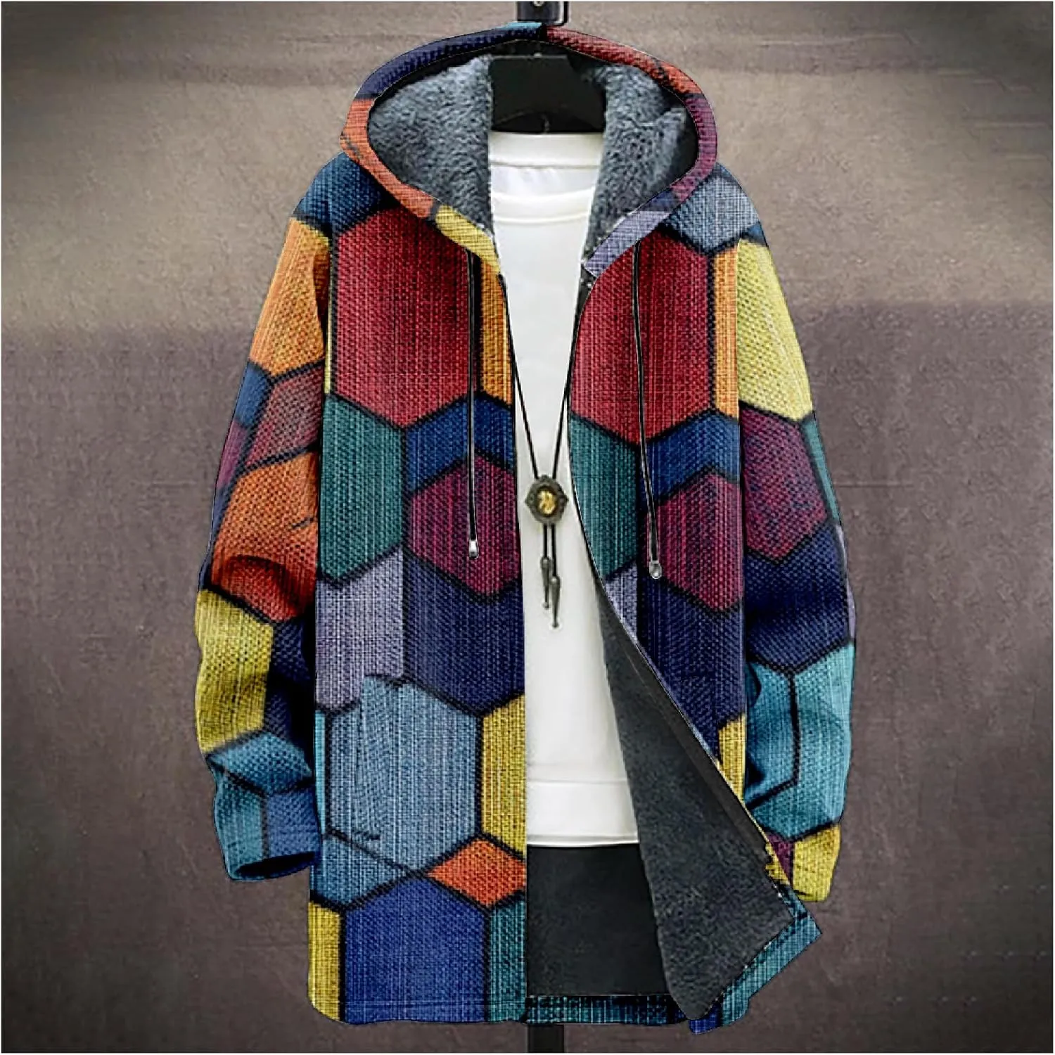Mens Long Cardigan Hoodies Color Block Hooded Jacket Horse Print Open front Sweater Hoodie with Pockets Coat