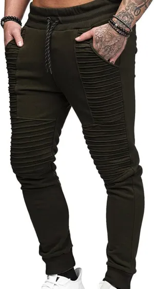 Men's Pleated Sweatpants Mid Waist Drawstring Slim Fit Tapered Trousers Gym Workout Running Sport Pants with Pocket