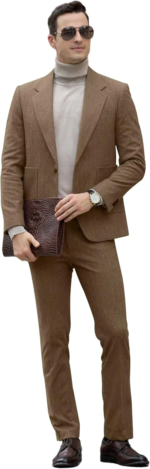 Men's Suits Slim Fit Herringbone Tweed Suits for Men 2 Piece Wedding Prom Suit Jacket Pants Wool Blend Tuxedo Set