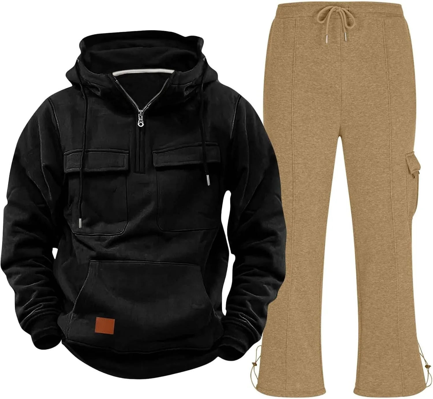 Mens Sweatsuit 2 Piece Quarter Zip Long Sleeve Tactical Hooded Drawstring Pullover Straight Leg Trousers with Pockets
