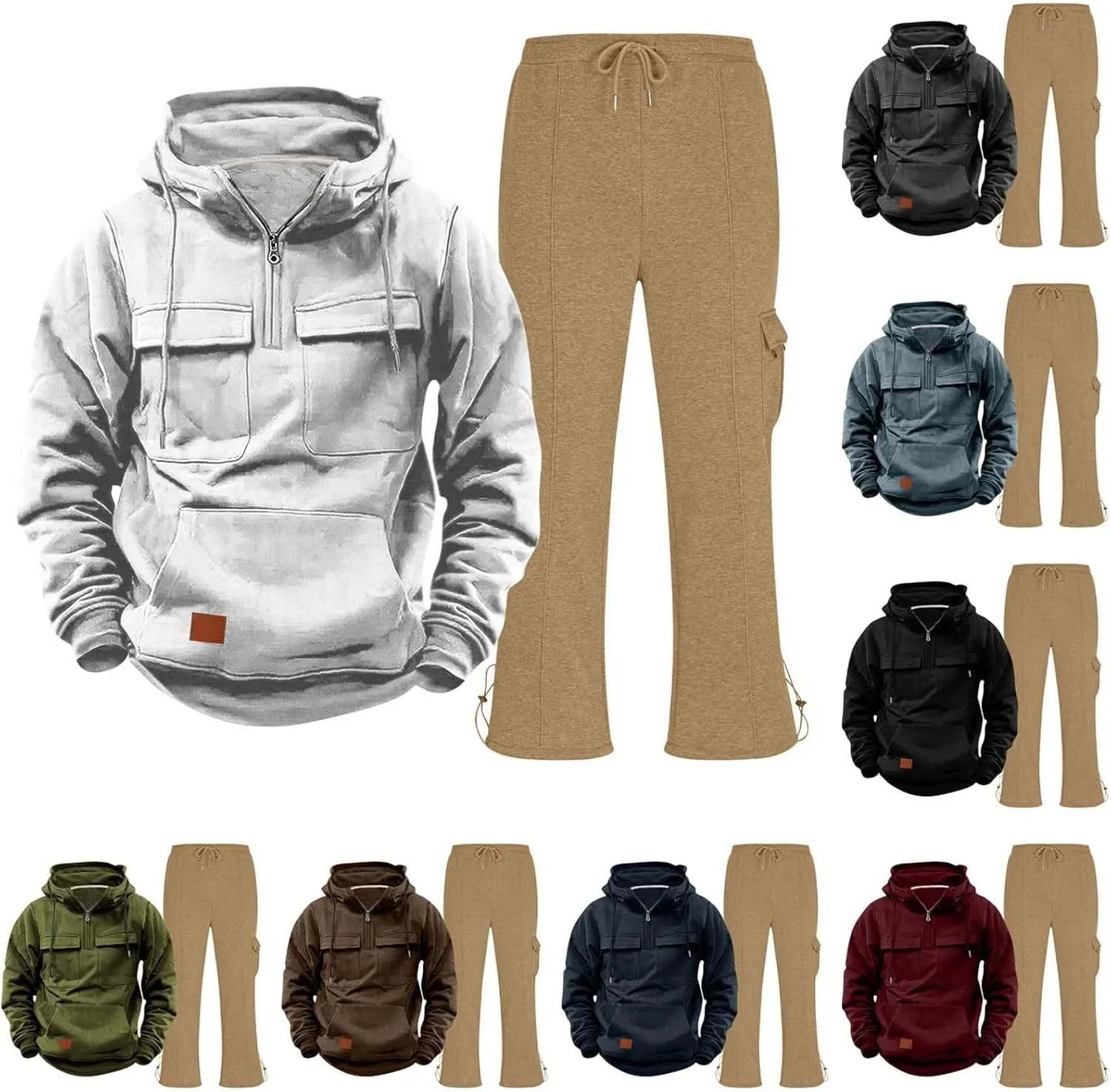 Mens Sweatsuit 2 Piece Quarter Zip Long Sleeve Tactical Hooded Drawstring Pullover Straight Leg Trousers with Pockets