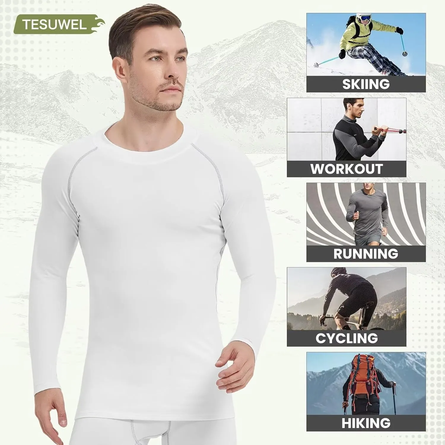 Mens Thermal Shirts Long Sleeve UPF 50  Running Cycling Ski Base Layer Top,Sweat Wicking Cool