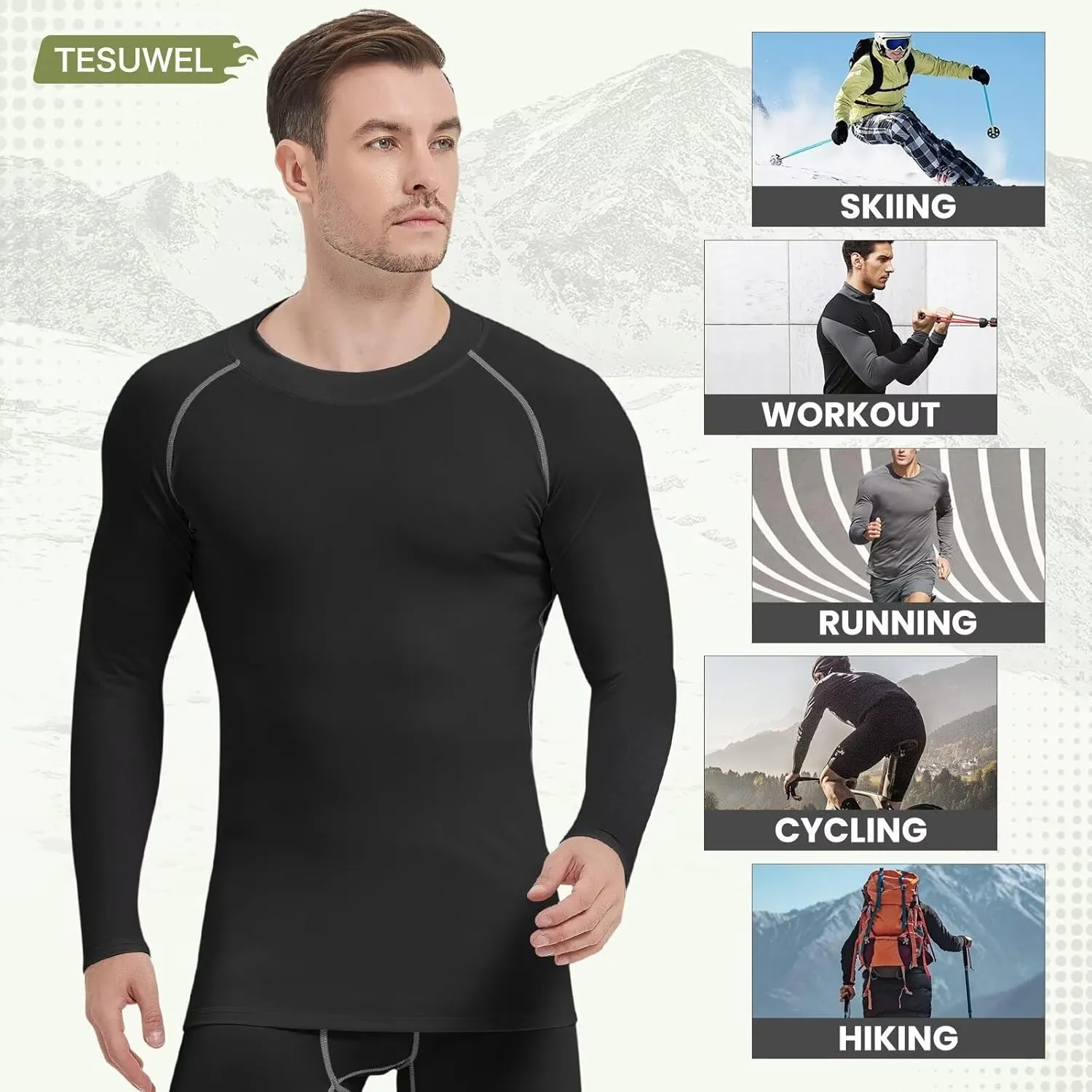 Mens Thermal Shirts Long Sleeve UPF 50  Running Cycling Ski Base Layer Top,Sweat Wicking Cool