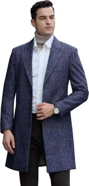 Mens Trench Coat Herringbone Wool Peak Lapel Single Breasted Long Slim Fit Pea Coat Business Suit Jacket for Men