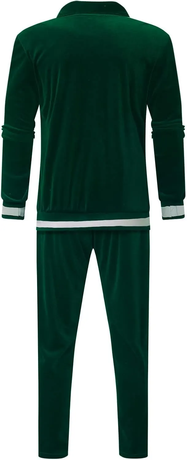 Men's Velour Tracksuits Winter Warm Full Zip Sweatsuit Sets Long Sleeve Color Block Casual Sportswear Suit Comfy