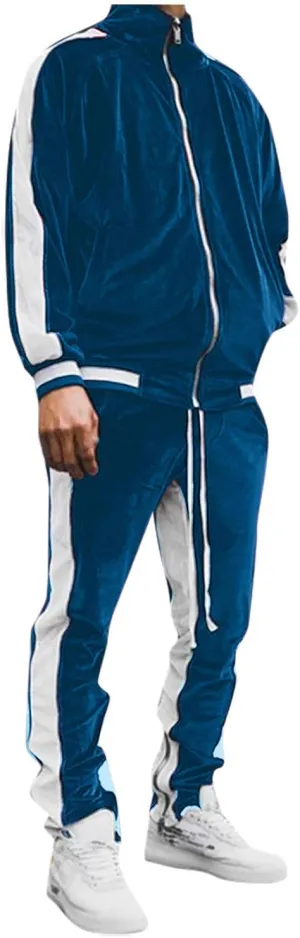 Men's Velour Tracksuits Winter Warm Full Zip Sweatsuit Sets Long Sleeve Color Block Casual Sportswear Suit Comfy