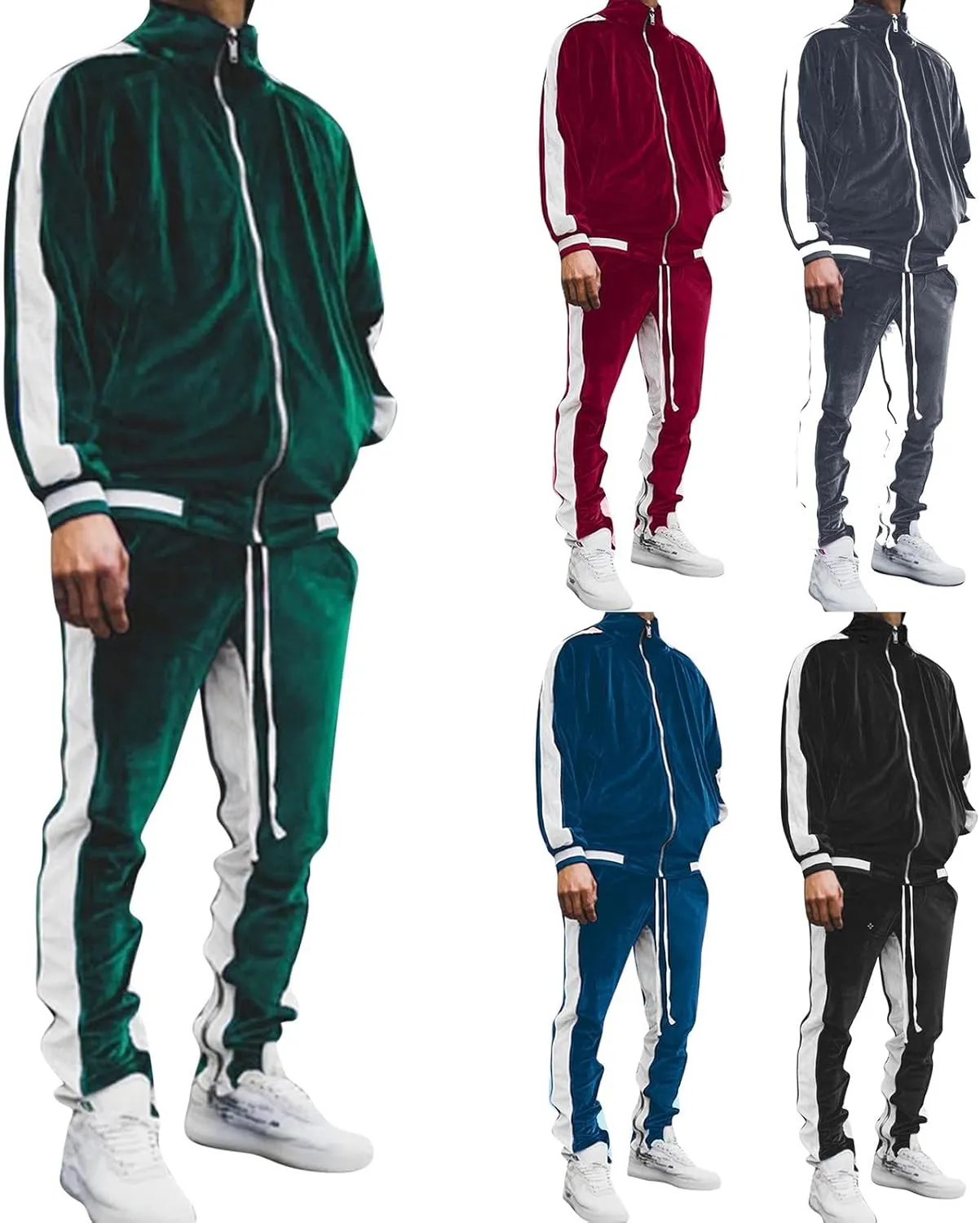 Men's Velour Tracksuits Winter Warm Full Zip Sweatsuit Sets Long Sleeve Color Block Casual Sportswear Suit Comfy