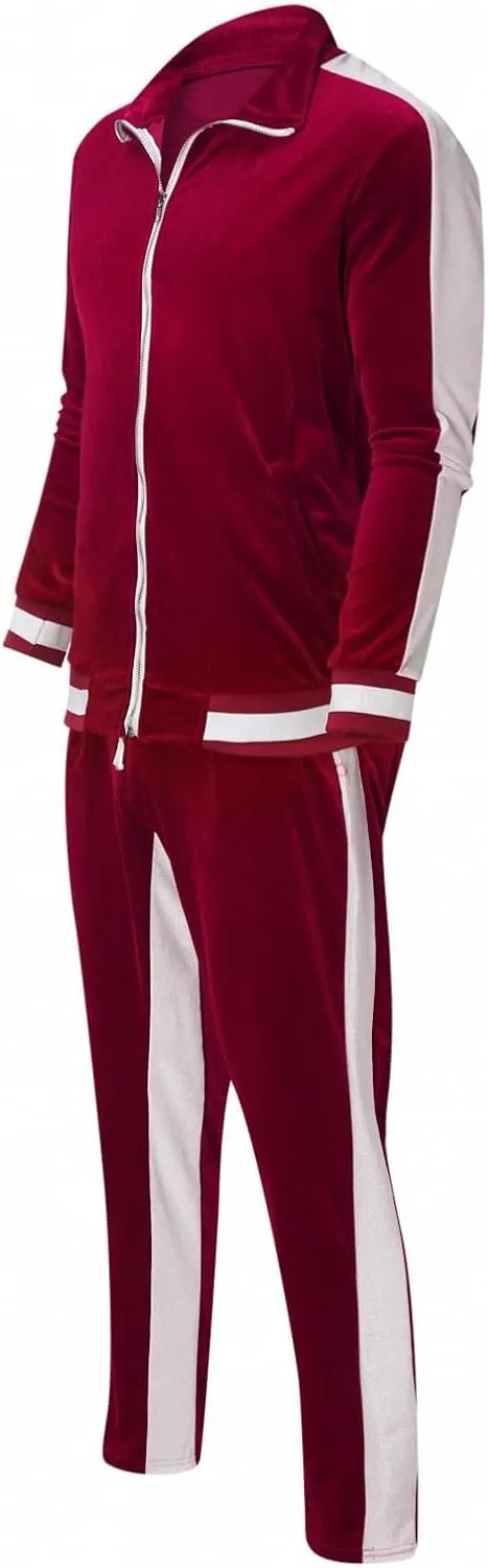 Men's Velour Tracksuits Winter Warm Full Zip Sweatsuit Sets Long Sleeve Color Block Casual Sportswear Suit Comfy
