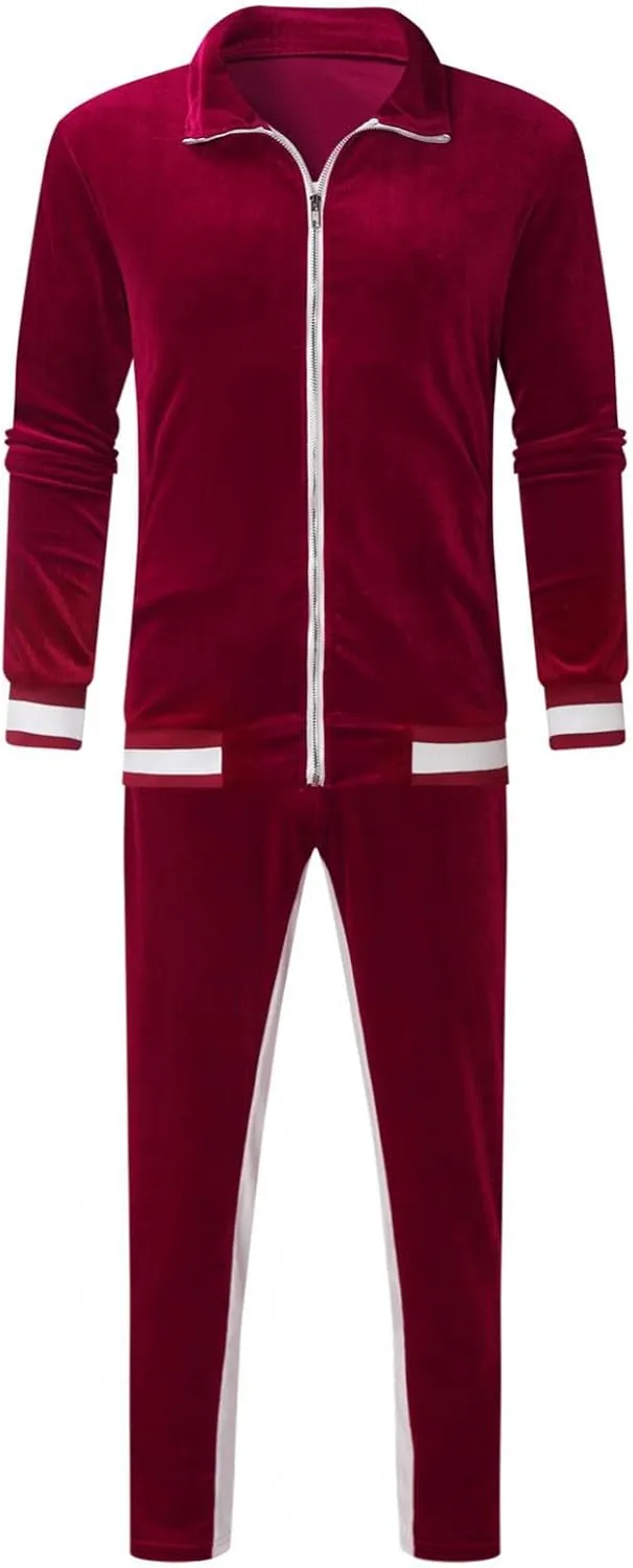 Men's Velour Tracksuits Winter Warm Full Zip Sweatsuit Sets Long Sleeve Color Block Casual Sportswear Suit Comfy