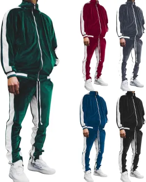 Men's Velour Tracksuits Winter Warm Full Zip Sweatsuit Sets Long Sleeve Color Block Casual Sportswear Suit Comfy