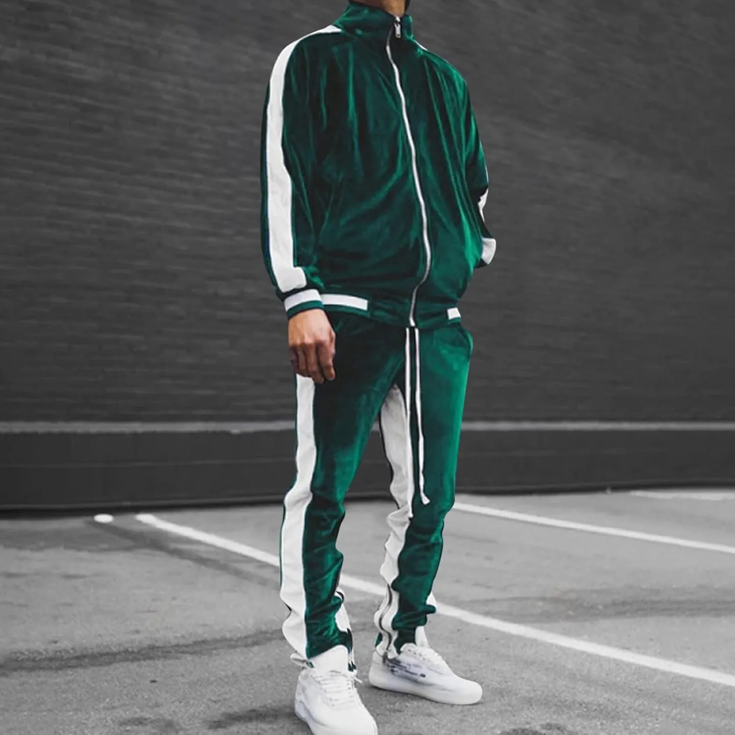 Men's Velour Tracksuits Winter Warm Full Zip Sweatsuit Sets Long Sleeve Color Block Casual Sportswear Suit Comfy