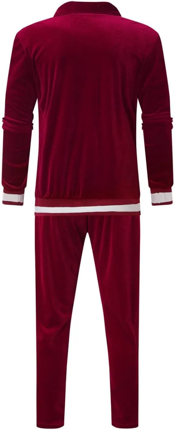 Men's Velour Tracksuits Winter Warm Full Zip Sweatsuit Sets Long Sleeve Color Block Casual Sportswear Suit Comfy