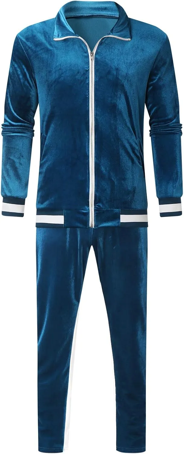 Men's Velour Tracksuits Winter Warm Full Zip Sweatsuit Sets Long Sleeve Color Block Casual Sportswear Suit Comfy