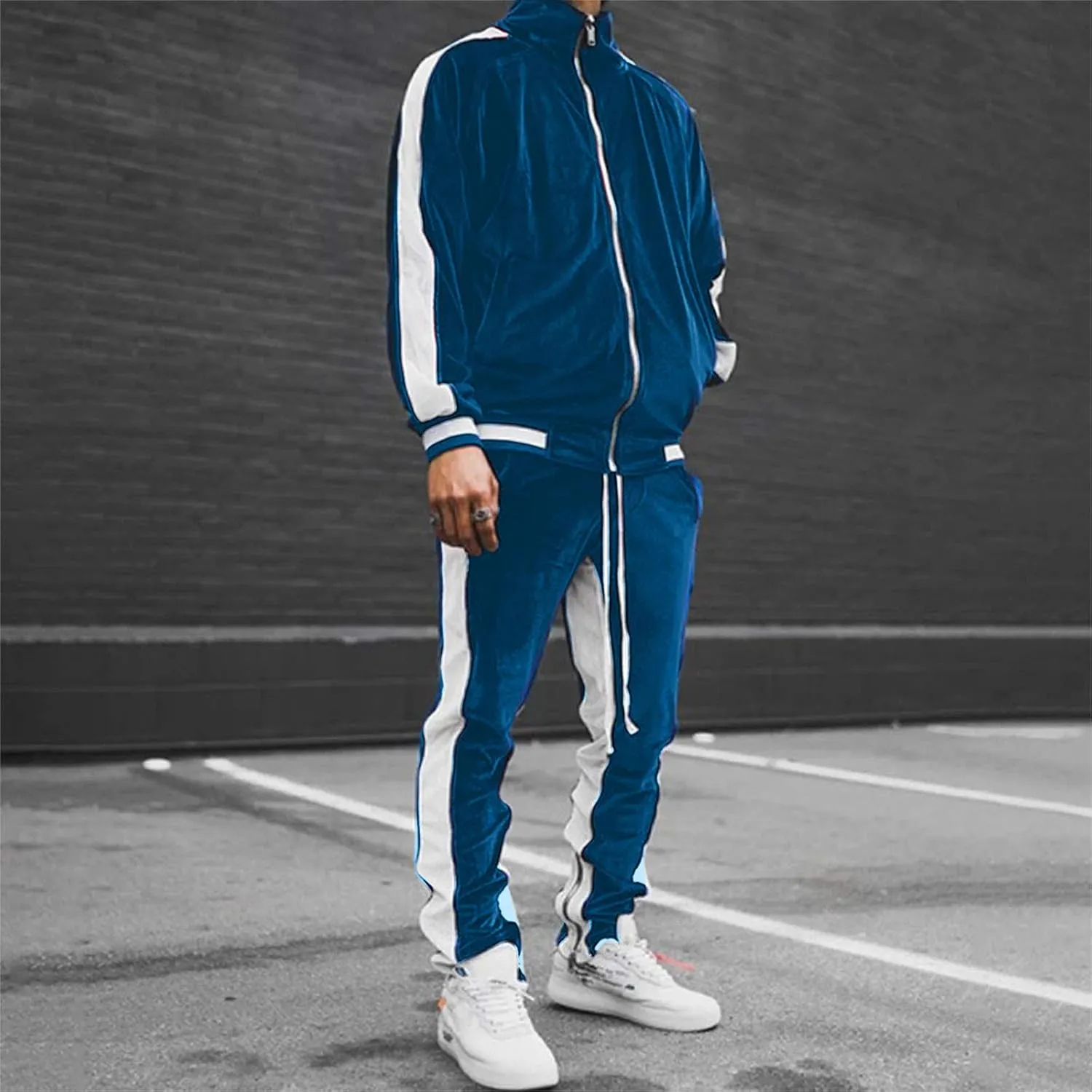 Men's Velour Tracksuits Winter Warm Full Zip Sweatsuit Sets Long Sleeve Color Block Casual Sportswear Suit Comfy