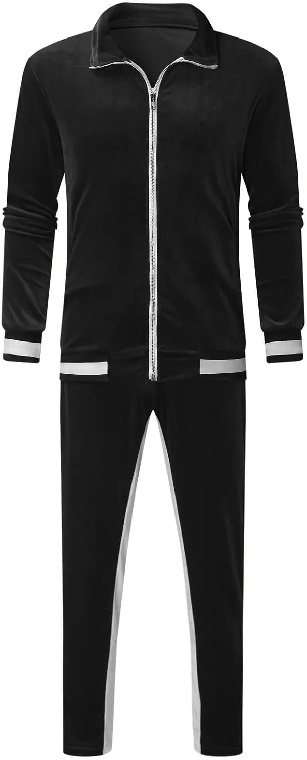 Men's Velour Tracksuits Winter Warm Full Zip Sweatsuit Sets Long Sleeve Color Block Casual Sportswear Suit Comfy