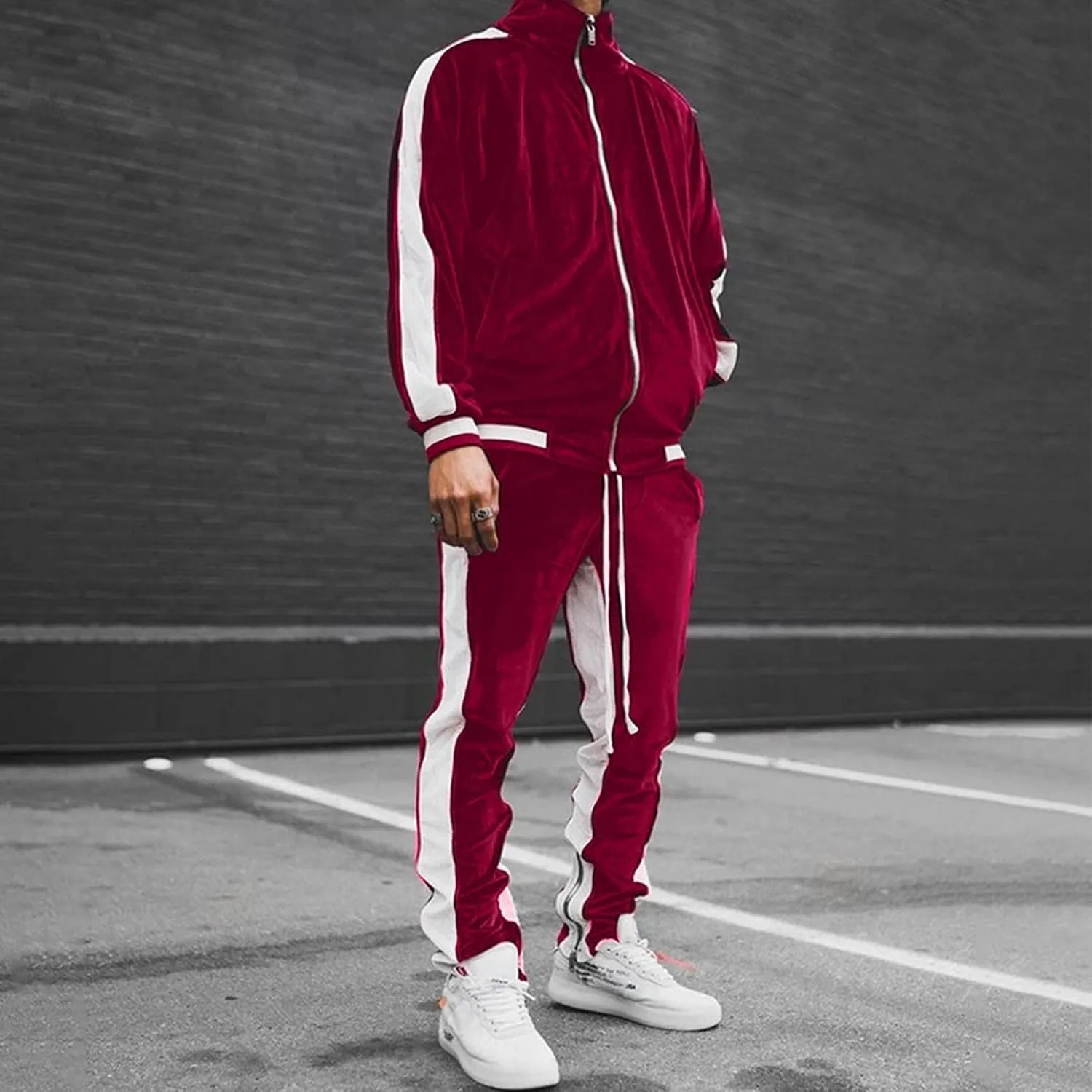 Men's Velour Tracksuits Winter Warm Full Zip Sweatsuit Sets Long Sleeve Color Block Casual Sportswear Suit Comfy